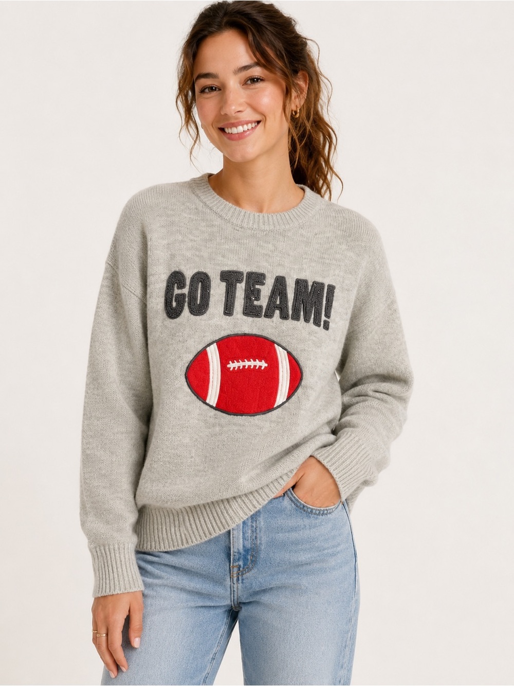 Go Team Women’s S Football Sweater By POOF New York Funny Fall Sequins